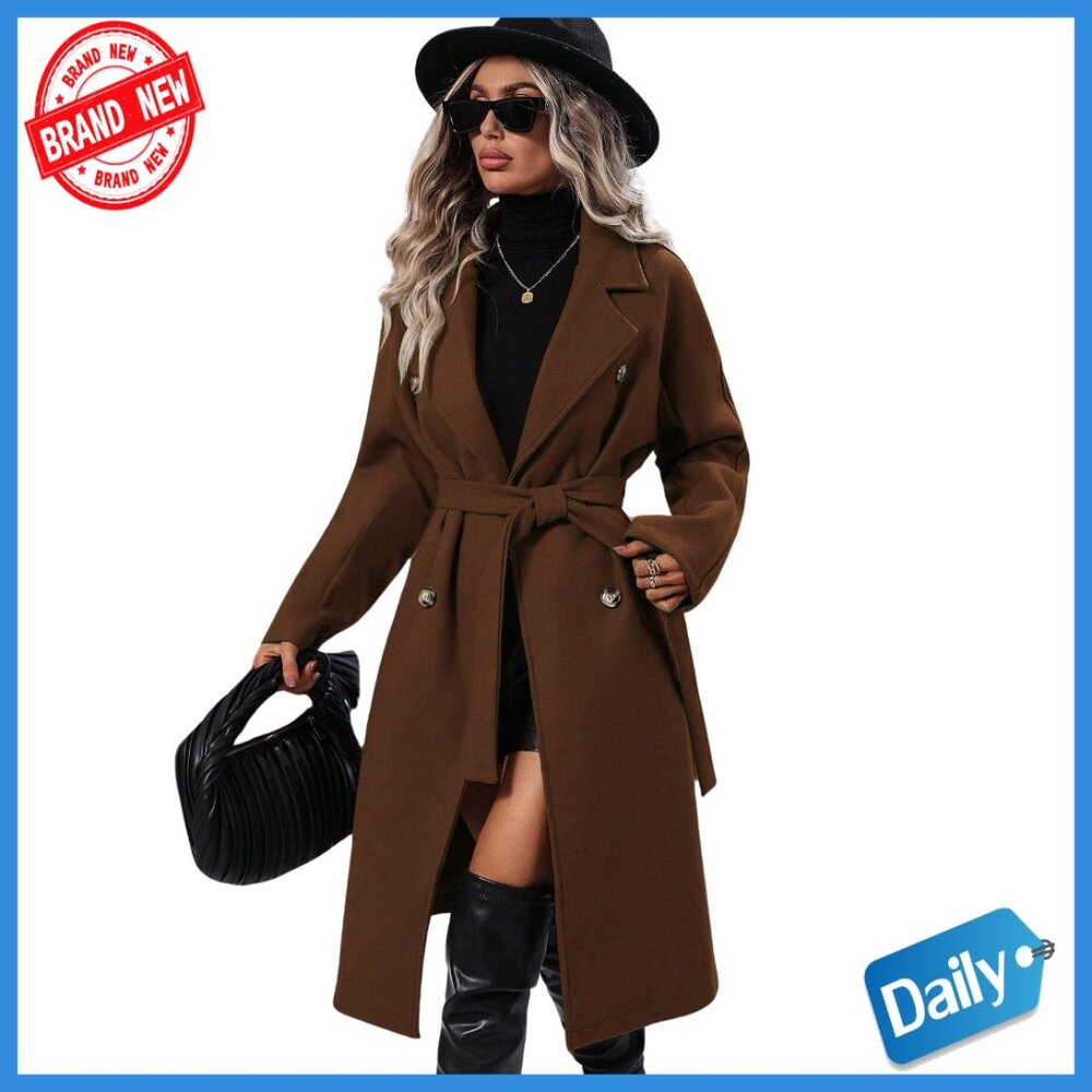 Long Wool Pea Coat Double Breasted Trench Belted Winter Overcoat Women's